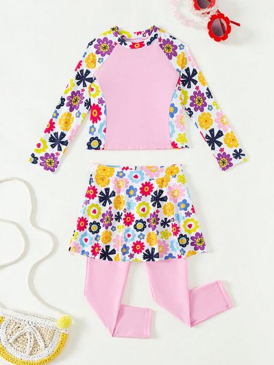 Toddler Girls' Floral Printed Patchwork Swimsuit Set