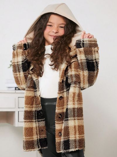 SHEIN Kids Cooltwn Tween Girl Plaid Print Hooded Teddy Coat