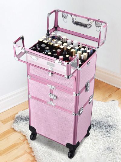 BYOOTIQUE 2in1 Nail Polish Organizer Rolling Makeup Train Case Manicure Cosmetic Trolley Travel Organizer Nail Case with Clear Lid Extendable Trays 4 removable wheels 54 Slots