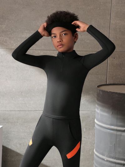 Tween Boys' Sports & Outdoor Black Half Open Chest High Collar Sweatshirt, Stretch Fabric, Comfortable, Breathable, Moisture Wicking, Classic Style, Suitable For Various Training, Biking, Running And Aerobic Exercise, Slim Fit