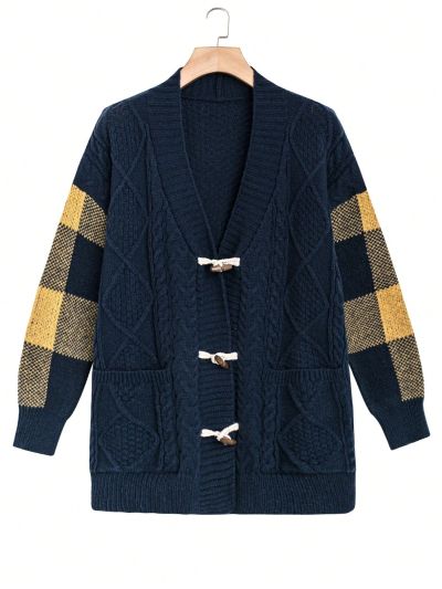 Plus Size Plaid Spliced Horn Button Cardigan Sweater