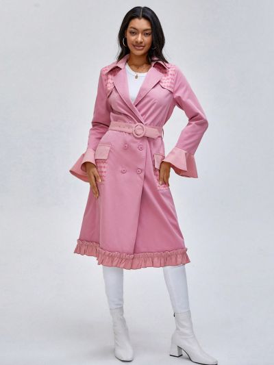 Anke Wonder Double Breasted Flare Sleeve Ruffle Hem Belted Trench Coat
