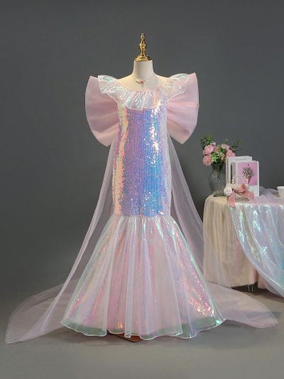 Girls' Rainbow Glitter Mesh Dress With Large Bowknot, Suitable For Performance, Wedding, Party And Birthday