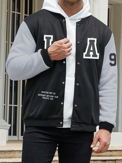 Manfinity Men Plus Slogan Graphic Colorblock Bomber Jacket Without Hoodie