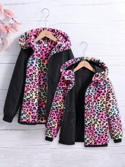 Teen Girls' Reversible Tie-dye Leopard Print Faux Lamb Wool Coat