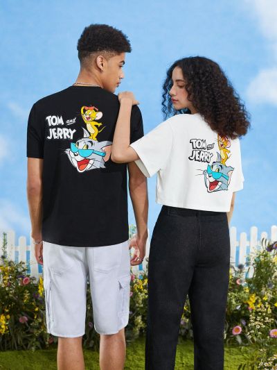 TOM & JERRY X SHEIN 1pc Cartoon Graphic Drop Shoulder Crop Tee