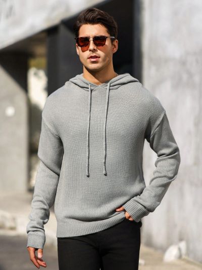 Manfinity Homme Men's Solid Colored Drawstring Hooded Long Sleeve Sweater