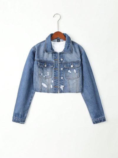 Teen Girl Ripped Raw Hem Denim Jacket