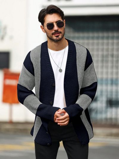 Men'S Color Block Drop Shoulder Casual Cardigan