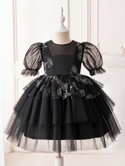 Young Girl Bubble Sleeves Tulle Party Dress