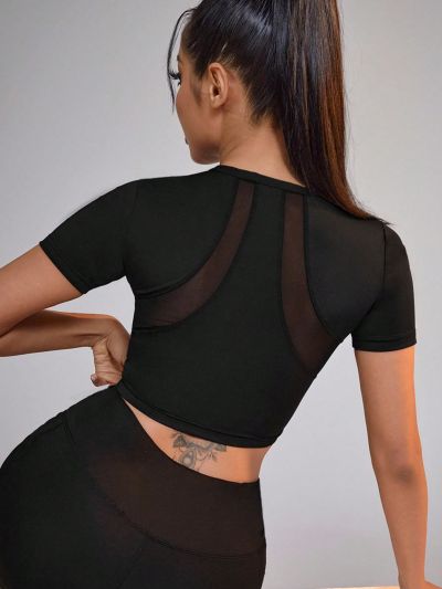 Yoga Basic Women's Mesh Patchwork Short Sleeve Athletic T-Shirt
