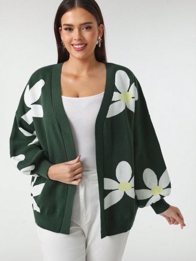 Mindsi Plus Floral Pattern Drop Shoulder Cardigan