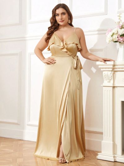 SHEIN Belle Plus Size Women's Apricot Satin Ruffled Wrap Lace Formal Dress Wedding Dress Bridesmaid Dress