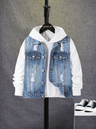 SHEIN Tween Boy Ripped Flap Pocket Denim Vest Jacket Without Hoodie