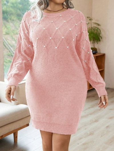 SHEIN Privé Plus Pearls Beaded Drop Shoulder Sweater Dress Without Belt