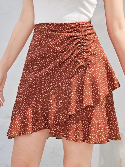 SHEIN Teen Girls' Floral Print Pleated Skirt With Ruffle Hem And Bowknot Detailing