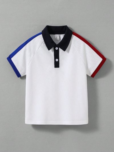 SHEIN Kids Academe Young Boys' Color Block Collar Short Sleeve Polo Shirt With Raglan Sleeve For School Style