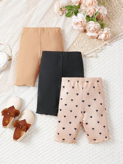 SHEIN Kids FANZEY Toddler Girls' 3pcs/Set Solid Color Leggings With Heart Print