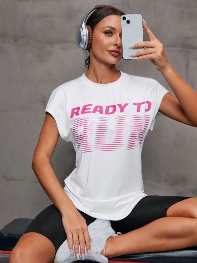 SHEIN Letter Printed Batwing Sleeve Sports T-shirt