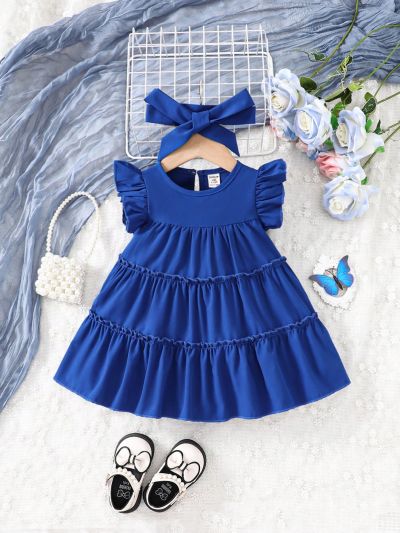 Baby Girl'S Casual Flutter Sleeve Dress With Headband 2pcs/Set