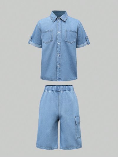 Teen Boys' Casual Street Style Light Blue Wash Flap Pocket Rolled Hem Denim Shirt & Elastic Waist Comfortable Utility Denim Shorts Set