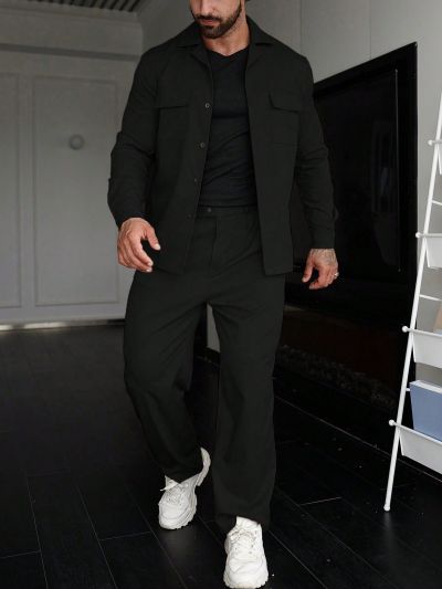 Manfinity Men's Solid Color Top And Long Pants Two-piece Set