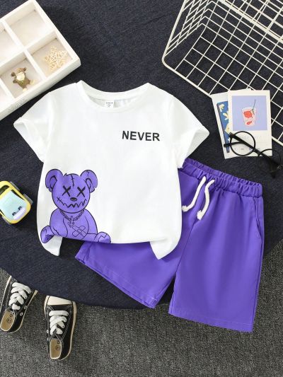 SHEIN Kids QTFun 2pcs Young Boys' Comfortable And Versatile Bear And Letter Print Short Sleeve T-Shirt And Shorts Suit Suitable For Summer