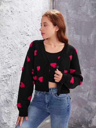 Teenage Girls' Heart Pattern Sweater Cardigan And Sweater Vest 2pcs/Set
