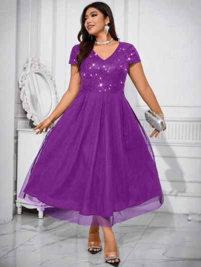 SHEIN Privé Plus Size Sequin Splicing Mesh Dress