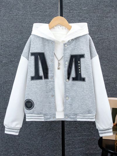 SHEIN Boys' (Big Kids) Letter Printed Color Block Baseball Jacket