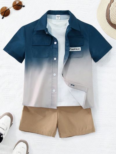 2pcs/Set Young Boys' Casual Sports College Blue/Khaki Ombre Printed Loose Fit Drop-Shoulder Lapel Short Sleeve Shirt And Khaki Shorts, Suitable For Daily Wear, School, Travel, Sports In Spring And Summer