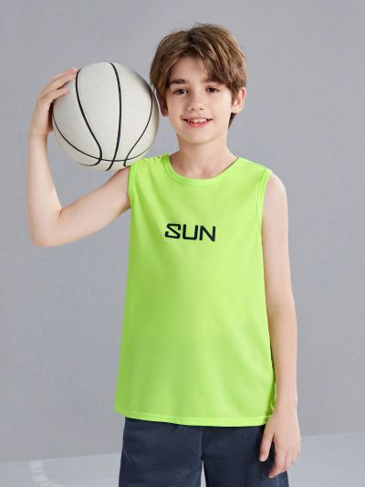 SHEIN Boys' Loose Fit Sleeveless Letter & Graphic Print Round Neck Sports Tank Top