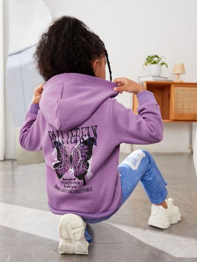 SHEIN Kids KDOMO Little Girls' Butterfly And Slogan Print Fleece Hoodie