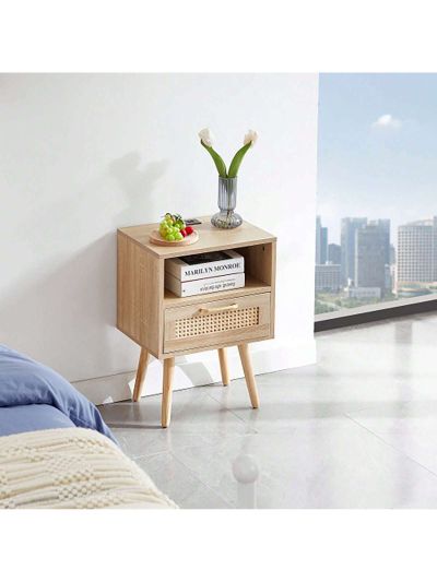 Solid Wood+MDF 15.75" Rattan End table with Power Outlet & USB Ports , Modern nightstand with drawer and solid wood