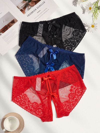 Classic Sexy 3pcs/Set One Size Sexy Lace Panties With Bow Decoration
