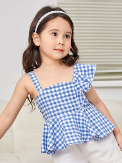 SHEIN Young Girl Gingham Asymmetrical Neck Ruffle Trim Peplum Blouse