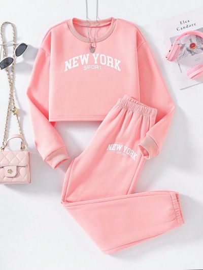 Teen Girl's Letter Printed Long Sleeve Sweatshirt And Sweatpants Set, Winter/Fall