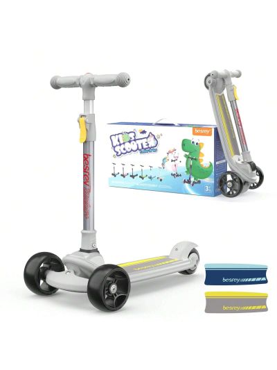 Besrey Kick Scooter for Kids Age 3-10, Foldable 3 Wheels Toddlers Scooter with LED Light & Adjustable Height, Best Gift for Boys Girls Outdoor Activities