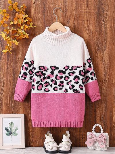 SHEIN Kids QTFun Toddler Girls' High Collar Leopard Print Casual Sweater Dress