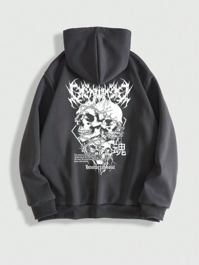 ROMWE Goth Men's Skull Letter Drawstring Hooded Sweatshirt