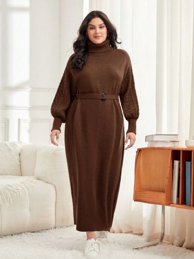 SHEIN Mulvari Plus Size High Neck Lantern Sleeve Belted Sweater Dress