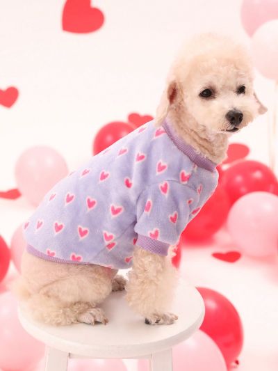 PETSIN Valentine's Day 1pc Purple Velvet Pet Hoodie With Heart Print Design, For Both Cats And Dogs