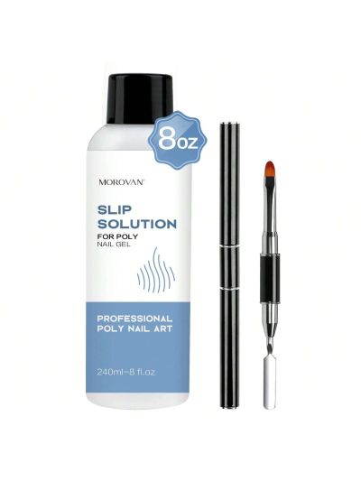 Morovan Slip Solution Poly Gel Big 8Oz 240ML Extension Nails Gel Slip Solution With Brush Anti-stick Gel Liquid Solution Bottle Cap as A Cup