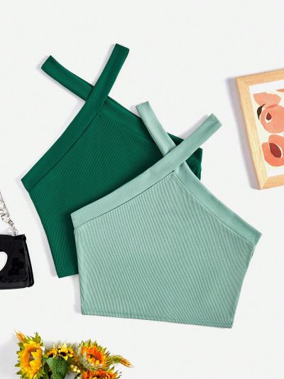 SHEIN Teen Girls' Knitted Solid Color Halter Neck Tank Tops, 2pcs/Set