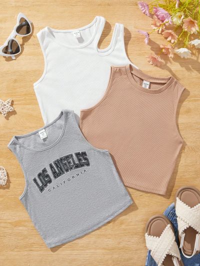 SHEIN Kids EVRYDAY Tween Girls' Knitted Solid Color Letter Pattern Short Vest 3pcs/Set