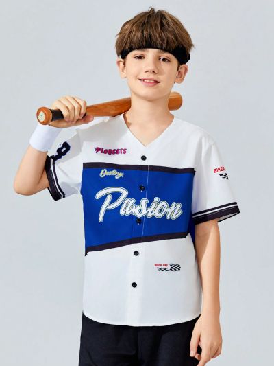 SHEIN Kids SPRTY Tween Boy's Loose Fit Letter Print Woven Short Sleeve Shirt