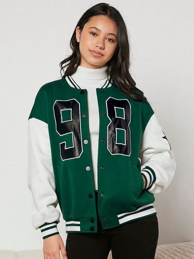 Teen Girl Letter Patched Striped Trim Drop Shoulder Varsity Jacket