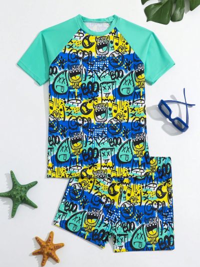 Teenager Boys' Graffiti Print Short Sleeve T-Shirt And Square Legswimsuit Set, Summer