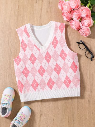 Fashionable Pink Diamond Pattern Vest For Teenage Girls