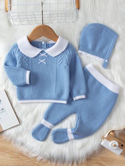 Baby Girls' Contrast Peter Pan Collar Raglan Sleeve Sweater And Knitted Pants And Hat 3pcs/set